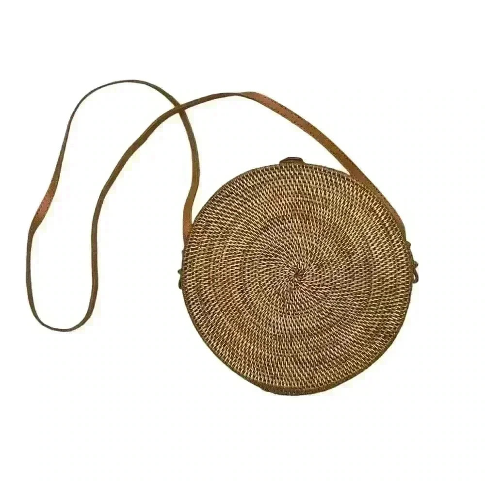 Amerii Luna Round Rattan ATA Crossbody Bag with Leather Strap – 7.75" Diameter